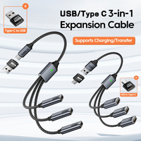 Câble d'extension répartiteur USB/Type-C 3-en-1 avec connecteurs métalliques, blindage en nylon tressé, charge rapide 3A pour ordinateur, écouteurs, OTG