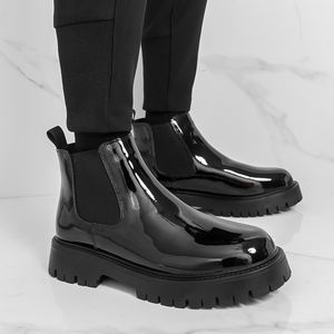 Nouvelles bottes en cuir pour hommes à bout rond, grande taille, à semelle épaisse, style Chelsea pour hommes d'affaires - Product Image 4
