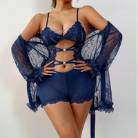 Ensemble de pyjama sexy en dentelle grande taille pour femme, trois pièces : soutien-gorge, short et robe transparente à ouverture frontale, lingerie à découpes en V profond, vente en gros, personnalisation OEM