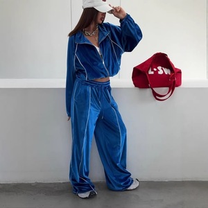 Ensemble deux pièces en velours uni pour femme, coupe ample, avec passepoil contrastant, veste zippée à manches longues et pantalon large, collection automne, personnalisable en usine - Product Image 5