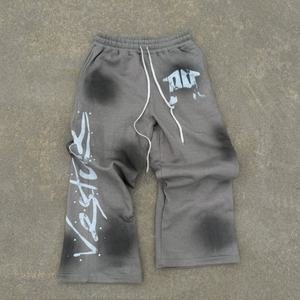 Custom High Quality Acid Washed Sun Faded Silk Screen Printing Rhinestone <b>Men's</b> Flared Casual Sweatpants Pants <b>Trousers</b> - Product Image 3