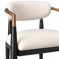 Tabouret de bar moderne avec dossier, accoudoirs en métal bronze et pieds coniques noirs, siège en tissu tissé crème pour îlot de cuisine