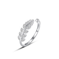 Bague ouverte ajustable en argent sterling 925 avec zircone cubique, style diamant, motif feuille, pour femme, vente en gros