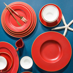Retro Gold Rim Dinnerware Attractive Red Reactive Glaze <strong>Crockery</strong> Rustic Kitchen Tableware <strong>Christmas</strong> Plates Decorative Dinner <strong>Set</strong> - Product Image 2