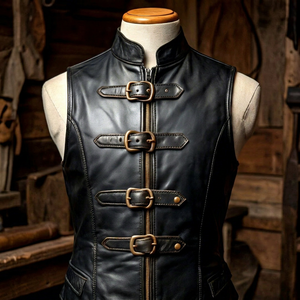 Gilet en cuir noir pour homme avec boucle, col montant et fermeture éclair - Product Image 1