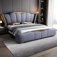 Lit King-size en chêne massif de style italien, luxe léger, avec cadre en bois massif, sommier à tiroirs hauts et revêtement en cuir, rangement pressurisé