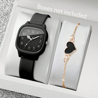 Conjunto de Reloj de Moda para Mujer con Correa de Cuero, Caja de Aleación y Brazalete con Forma de Corazón, Casual, para Uso Diario, Regalo para Estudiantes
