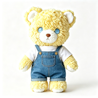 Boneka Beruang Kuning Keriting Custom dengan Overall Denim yang Dapat Dilepas, Mata Biru Lucu, Boneka Beruang Isi Dakron Lembut, Boneka Hewan Beruang Plush