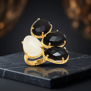 Rhodium Plated Glass Gemstone <b>Ring</b> with Stunning <b>Black</b> and White Color Combination Ethnic Style Third Party Certified - Product Image 2