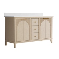 Meuble-lavabo autoportant en bois cannelé arqué avec comptoir en quartz, double vasque sous plan, style moderne, en panneau mélaminé, couleur cuivre