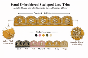 Hand Embroidered Scalloped Lace Trim with Floral Motifs Metallic Thread Work Water Soluble for Garments <b>Dupattas</b> Bags & Shoes - Product Image 6