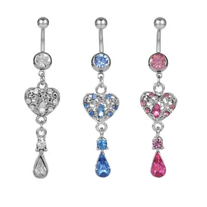 HOVANCI Fashion Shining Rhinestone Heart Belly Ring Sexy Colorful Crystal 316L Surgical Steel Piercing Heart Body Ring