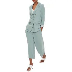 OEM Donne Doppio Petto <span class=keywords><strong>Blazer</strong></span> <span class=keywords><strong>con</strong></span> Pantaloni Abito di Lino - Product Image 1