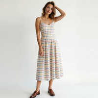 Robe midi femme en coton tissé à carreaux 100% coton, bretelles spaghetti, pour soirée, printemps, légère, taille naturelle, coupe évasée sans manches