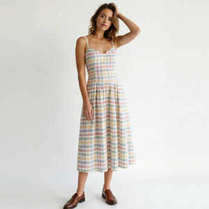 Vestido Midi a Cuadros para Mujer, con Tirantes Finos, Informal, Ligero, de Verano, Cintura Natural, Corte en A, 100% Algodón, a la Moda - Product Image 1