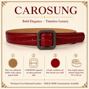 Cinturón de Cuero Genuino Personalizado Carosung para Hombre y Mujer, Color <span class=keywords><strong>Rojo</strong></span> Rubí con Grabado de Cocodrilo y Hebilla de Metal - Product Image 6