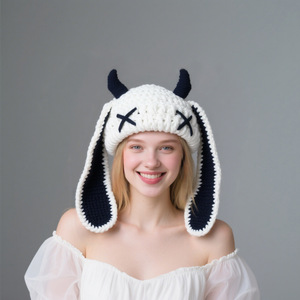 Cappuccio di corno del diavolo carino puro fatto a mano grandi orecchie di coniglio caldo cappello lavorato a maglia per un inverno fresco e neutro - Product Image 1