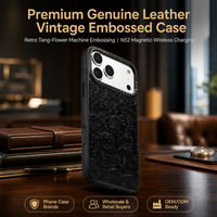 Étui de luxe en cuir véritable gaufré motif fleur Tang pour iPhone 18 17 16 15, coque arrière magnétique N52 pour chargement sans fil