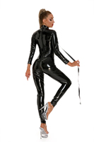 Combinaison moulante en similicuir noir brillant pour femme, style latex PU, sexy, avec fermeture éclair à l'entrejambe, catsuit, tenue de club, combinaison en PVC latex