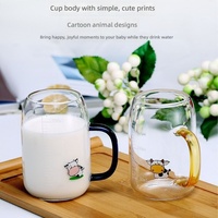 Tasse à lait en verre pour enfants, motif animal de dessin animé, résistante à la chaleur, avec poignée, marquages de mesure, compatible micro-ondes, sans couvercle, pour la maison