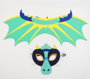 Conjunto de Disfraz de Dragón de Fieltro para Niños, 2 Piezas, Alas de Dinosaurio Verde-Amarillo y Máscara para Cosplay - Product Image 1