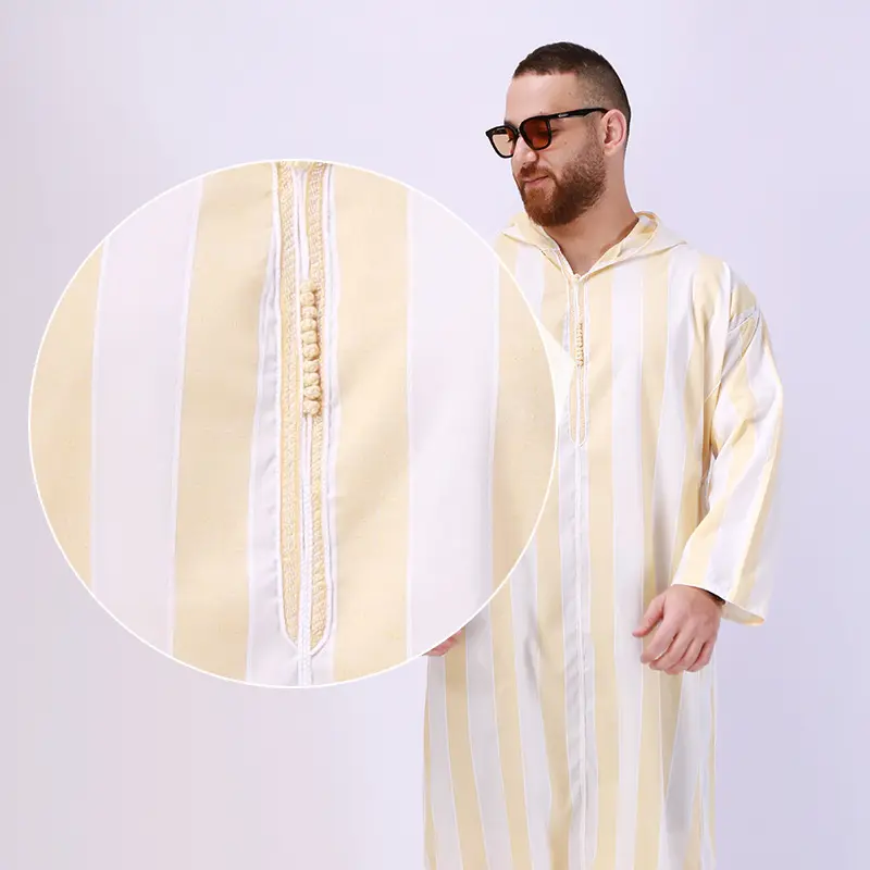 New Release Men's Loose Tube Striped Abaya Long-Sleeved Muslim Robe in Ethnic Style Made Polyester Adults Middle Eastern Fashion