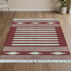 Alfombra Bohemia a Rayas de Lana Acrílica, Rectangular, Roja y Blanca, con Flecos, Tejido Plano, Decoración para Sala de Estar - Product Image 1