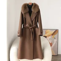 Nouveau Manteau Long en Cachemire Double Face pour Femme 2026 avec Col en Fourrure de Renard, Coupe Slim CT610