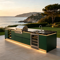 Set Dapur Luar Ruangan Anti Air dari Baja Tahan Karat 304, Termasuk Wastafel, Keran, Backsplash Hijau Tua Matte, Kabinet Hitam Emas, dan Meja Marmer