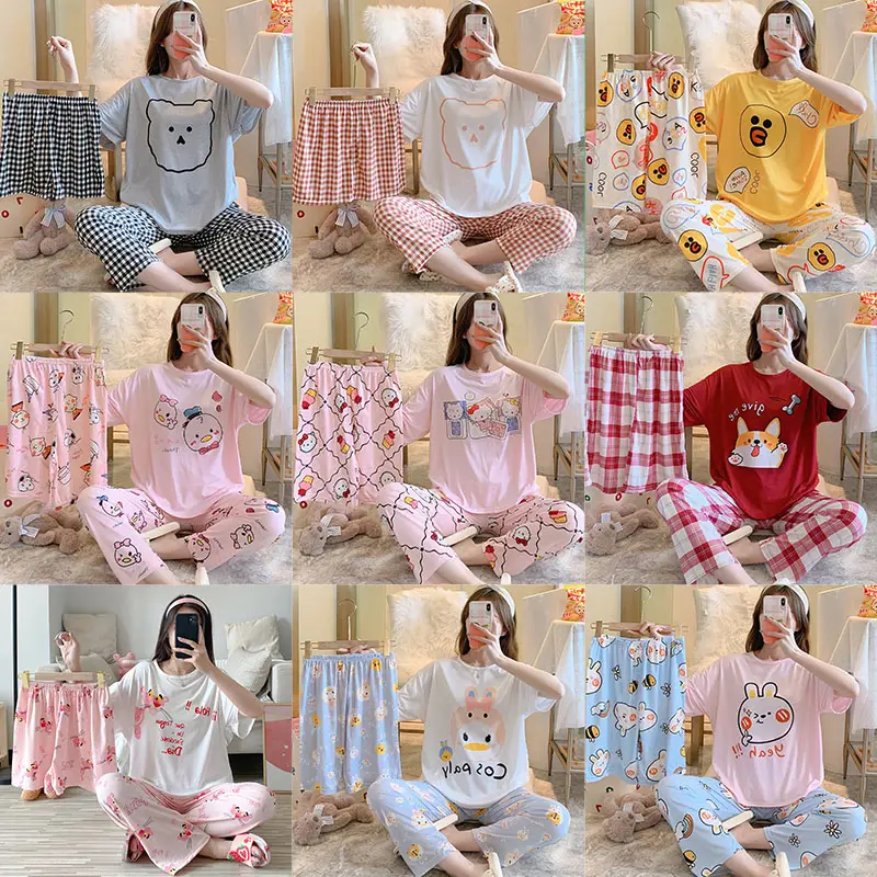 40 color wholesale design luxury girls sleepwears summer set 3 piece silk short sleeve nightwear pajama set