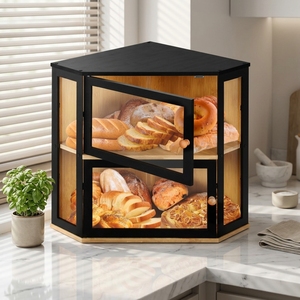Contenedor de Almacenamiento de Alimentos de Dos Niveles con Compartimentos Divididos, Caja de Pan de Bambú para Esquina con Panel de <span class=keywords><strong>Puerta</strong></span> de Acrílico Transparente - Product Image 1