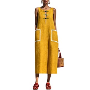 Casual Retro Color Block <b>Pocket</b> <b>Dress</b> Sky Blue Smlxlxxl Loose Waist Straight Cylindrical Style Commute Europe America Southeast - Product Image 5