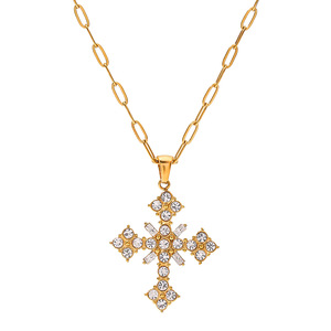 Collar con colgante de cruz de acero inoxidable con circonitas blancas incrustadas para mujer, joyería de regalo. - Product Image 1