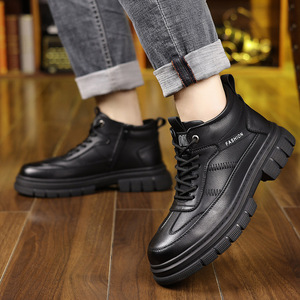 Bottes d'hiver pour hommes en cuir fendu, doublure chaude en fourrure, semelle extérieure en caoutchouc, antidérapantes, bout rond, semelle intermédiaire en EVA - Product Image 4