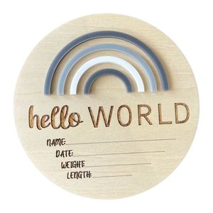 Panneau rond <span class=keywords><strong>en</strong></span> bois <span class=keywords><strong>arc</strong></span>-<span class=keywords><strong>en</strong></span>-<span class=keywords><strong>ciel</strong></span> de 5,9 pouces « Hello World » pour l'annonce de la naissance, carte d'annonce du nom du nouveau-né, accessoire photo pour bébé à l'hôpital - Product Image 6