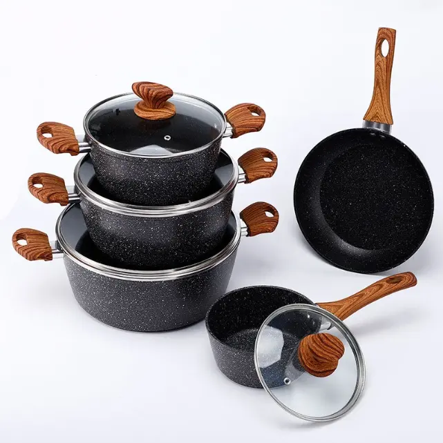 Non Stick Cookware Set Pots And Pans-Set With Wooden Handle Forged Aluminum Kitchenware Contain Casserole And Sauce Pan Fry Pan