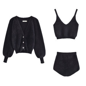 Ensemble trois pièces en peluche <span class=keywords><strong>Mohair</strong></span> pour femme, 3 pièces, col en v, Top court sans manches, taille haute, short et Cardigan, veste - Product Image 4