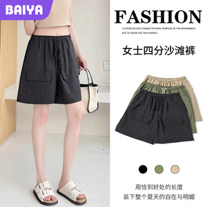 Shorts en toile pour femmes, kaki, grandes poches, respirants, décontractés, pour la plage, pantalons de sport, grande taille - Product Image 5