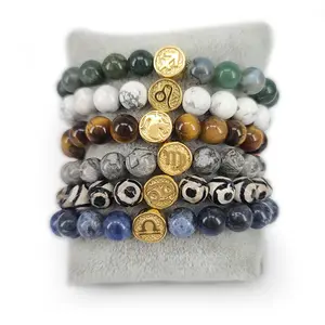 BN3095 Fashion Natural Gemstone SemiPrecious Stone Beaded Stainless Steel Astrology Horoscope Zodiac Sign Elastic Bracelets