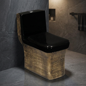 WC monobloc carré moderne de luxe en céramique, or et noir, à poser au sol, cuvette de toilette, sanitaires - Product Image 2