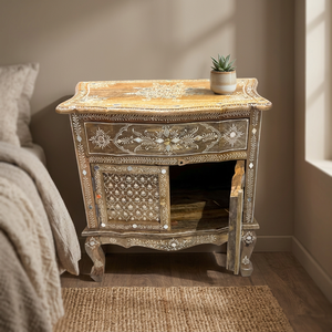 Table de chevet en bois écologique artisanale avec incrustation d'os et art floral peint à la main, 1 tiroir, 2 portes, armoire de rangement pour vêtements - Product Image 4
