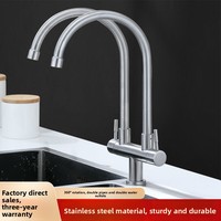 Robinet de cuisine monocommande en acier inoxydable 304, eau froide, double sortie, double tête, finition brossée, montage sur plan