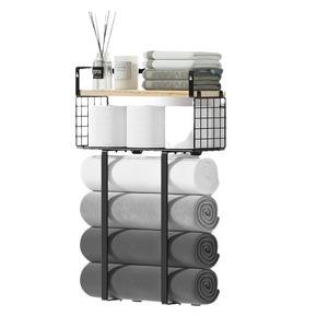 Wooden Towel Rack With Fencing And Mesh Wall Mounted Organizer <b>Shelf</b> 4 <b>Bars</b> 3 Floors Minimalist Design Bathroom Storage - Product Image 4