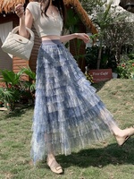 Jupe longue maxi en tulle multicouche à motif dentelle bleue, taille empire, best-seller de l'été, romantique, élégante, amincissante et infroissable