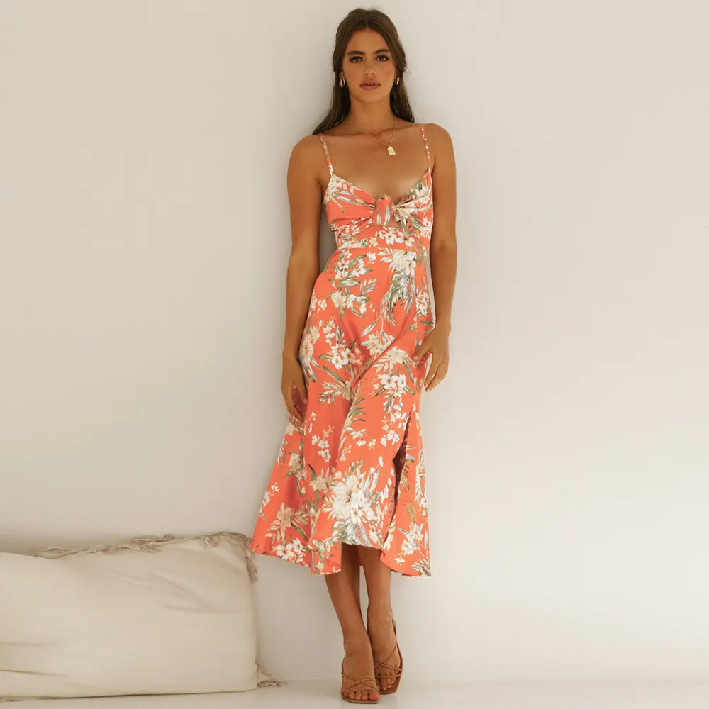 2022 Summer Clothes Strap Sexy V-neck Split Floral Midi Dresses