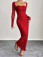 Robe longue maxi élégante et décontractée pour femme, coupe droite, manches longues, décolleté plongeant, dentelle florale, fente arrière, tendance 2026