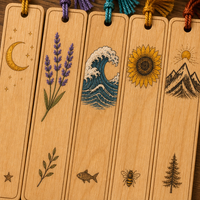 Ensemble de 5 marque-pages personnalisés en contreplaqué peuplier découpés au laser, motifs Lune, Lavande, Vague, Montagne, cadeau pour les amateurs de livres et le journaling, conforme CPSC, DDP