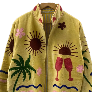 Chaqueta de estilo bohemio indio de invierno, tejida en algodón y terciopelo, acolchada, estilo Suzani, a prueba de viento, transpirable, con bordado floral único, para fiestas. - Product Image 1