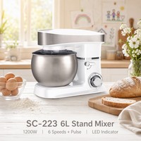 Robot pâtissier sur socle 6L 1200W, mélangeur alimentaire de cuisine, 4 couleurs, corps en ABS, bol en acier inoxydable, 6 vitesses, fonction Pulse, LED, pour la maison et la boulangerie