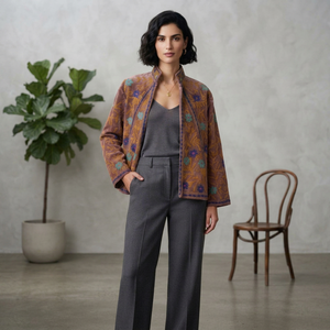 Brown Floral Embroidered Mandarin Collar <b>Blazer</b> Full Sleeve Suzani <b>Velvet</b> Cotton Lining Windproof Thick Women's Winter Jacket - Product Image 1